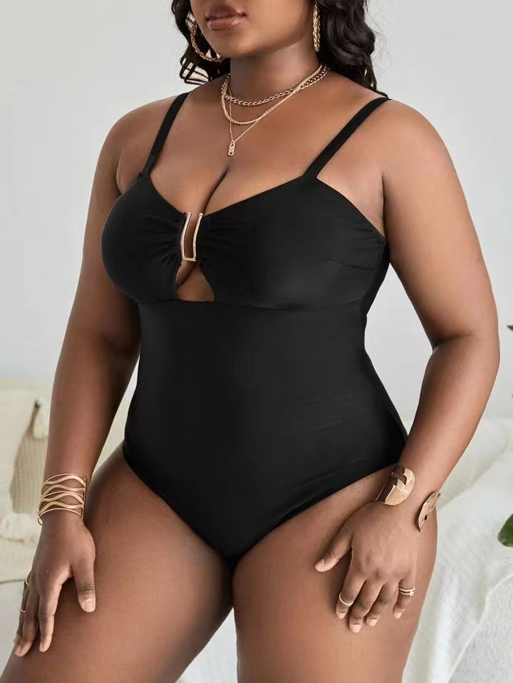 Solid Color Deep V Sexy Hollow Plus Size One-piece Swimsuit